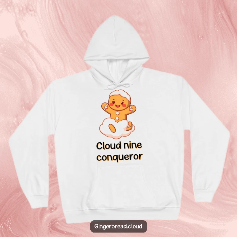 Funny Gingerbread Man Hoodie: A happy gingerbread man adorned with frosting jumps gleefully on a cloud, a cozy design.