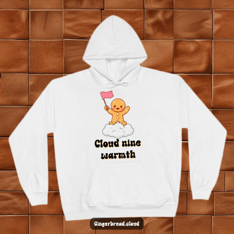 Funny warm hoodie showcasing a gingerbread man waving a flag from a cloud, perfect for cozying up during the holidays.