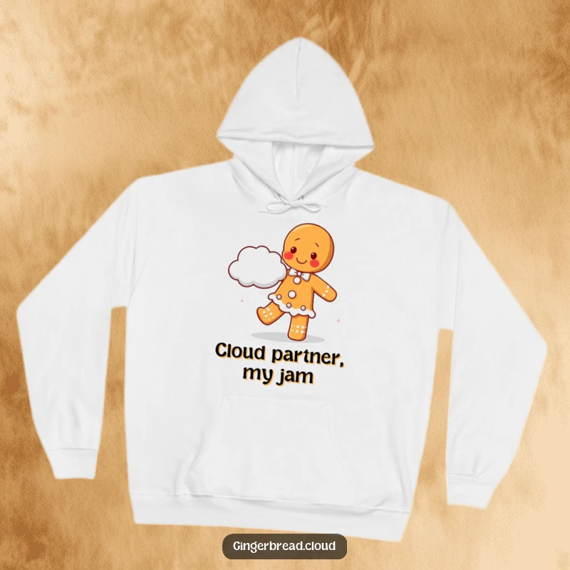 Happy gingerbread man dancing with a fluffy cloud partner, featured on a cozy hoodie for warm and joyful apparel.