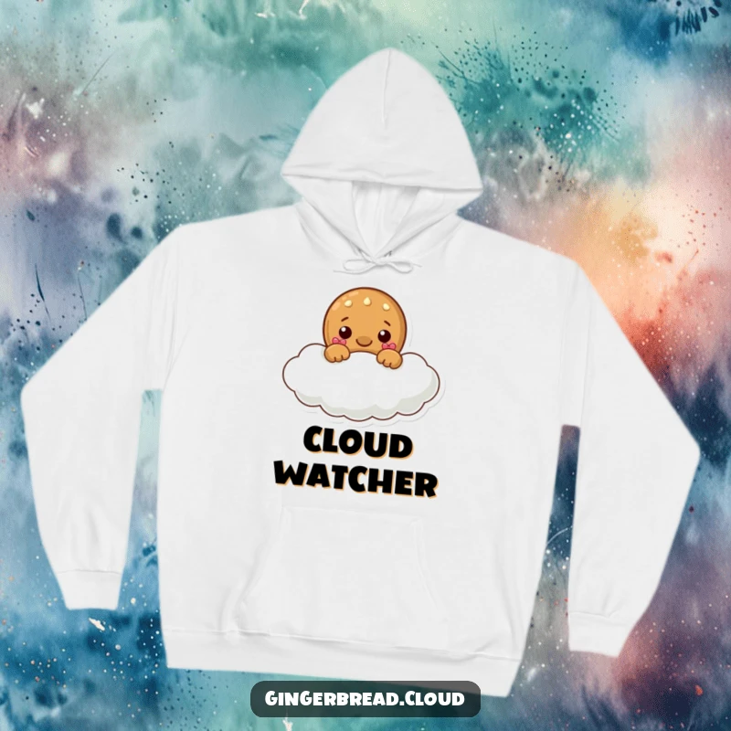 Funny hoodie featuring a gingerbread character hiding playfully behind a fluffy cloud, inviting a smile with its sweet peek.