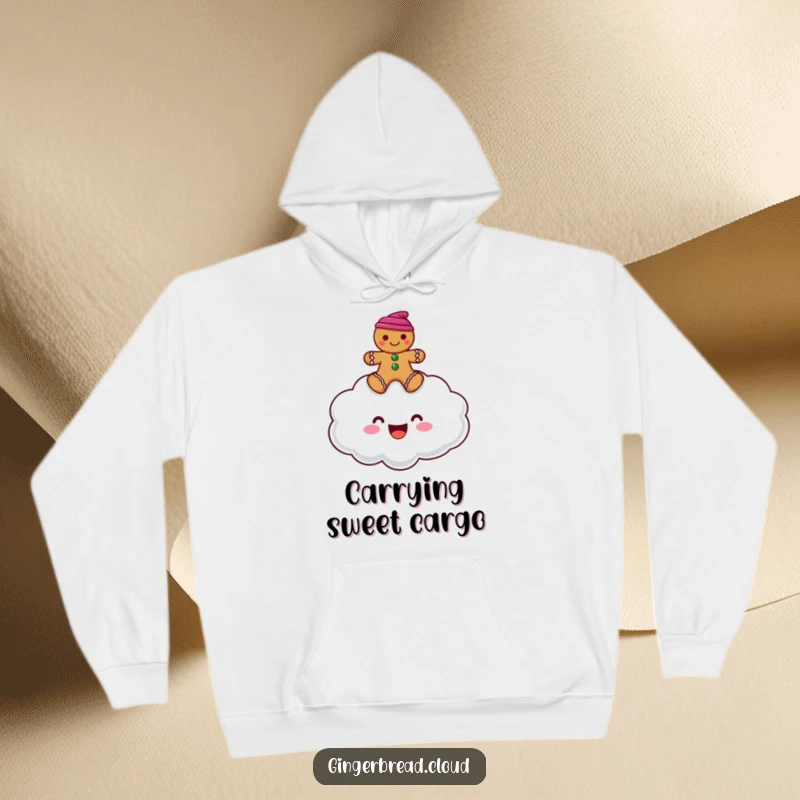 Funny hoodie design featuring a cheerful cloud character carrying a gingerbread man, evoking warmth and friendship.
