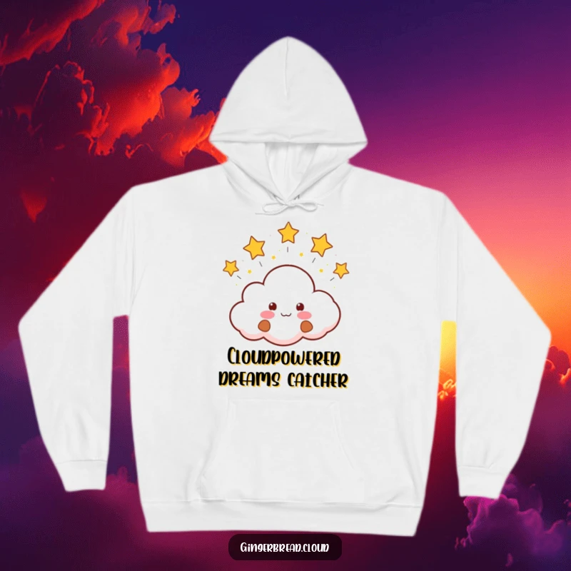 Funny Hoodie showing a smiling gingerbread cloud character exhaling tiny, bright stars. Cozy and humorous winter wear.