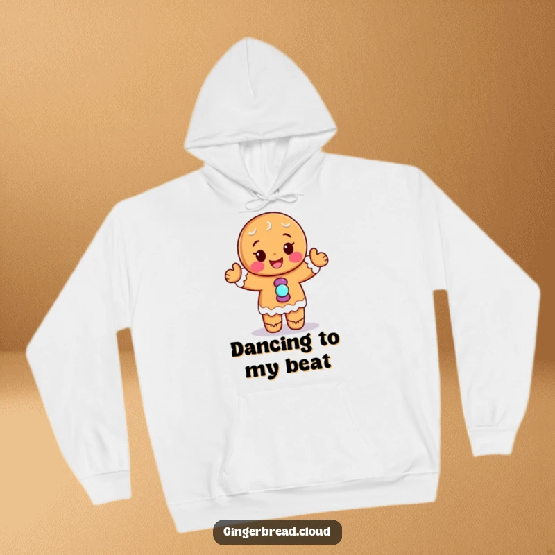 Funny hoodie: A smiling gingerbread person with candy buttons dances enthusiastically, perfect for cozy, cheerful wear.