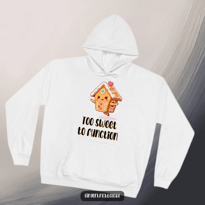 Funny hoodie depicting a gingerbread house with elaborate icing swirls dancing happily among the clouds in a festive sky.