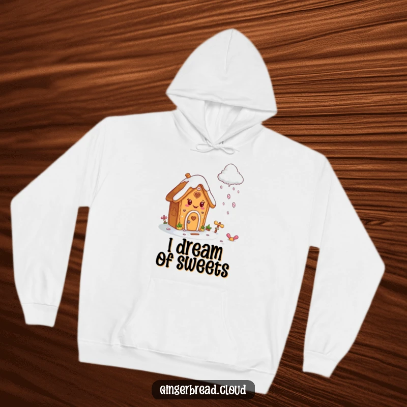 Funny hoodie depicting a happy gingerbread house with icing, gazing up at a cloud raining sweet candies.