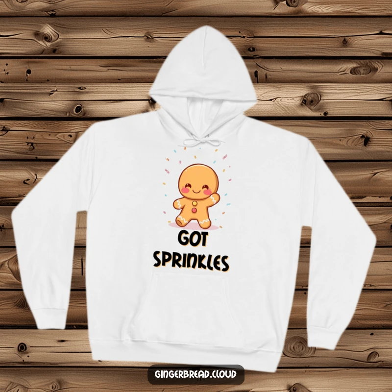 Funny gingerbread person hoodie, catching falling sprinkles, warm and whimsical winter wear, perfect funny gift for cozy days.