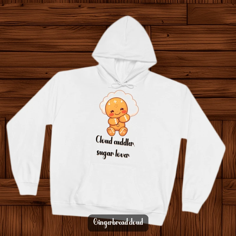 Funny hoodie with a cute gingerbread man giving a warm hug to a smiling cloud, offering comfort and cheerful feelings.