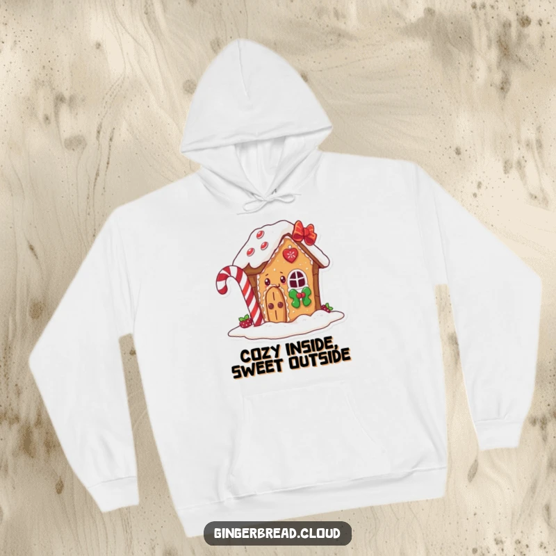 Funny gingerbread house hoodie, cozy design of a character peeking from behind a candy cane, comfortable and charming.