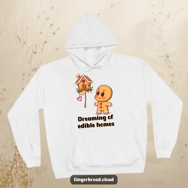 Big-eyed gingerbread man gazing upwards at a magical floating gingerbread house, featured on a cozy hoodie for dreamy apparel.