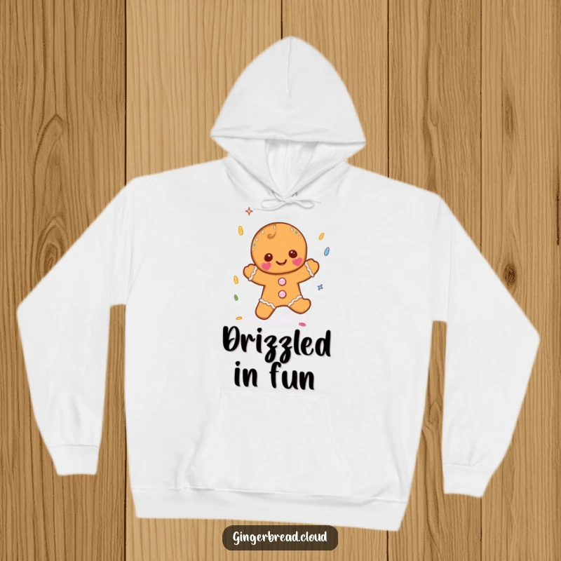 Funny and cozy hoodie featuring a gingerbread character catching sprinkle-shaped raindrops, a unique and humorous holiday apparel choice.