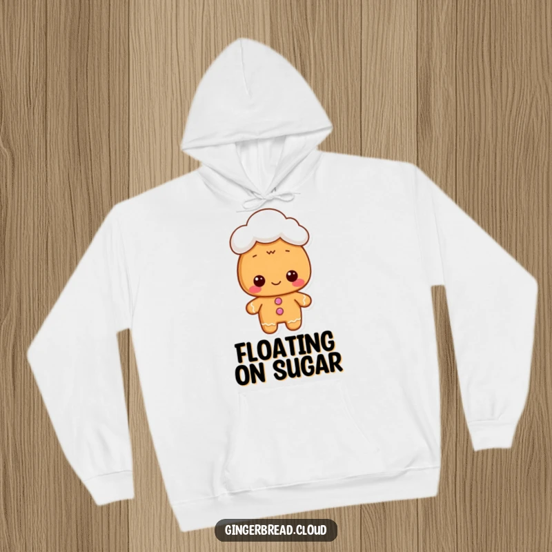 Funny hoodie design of a gingerbread character wearing a cute cloud hat, perfect for cozy days and sweet dreams.
