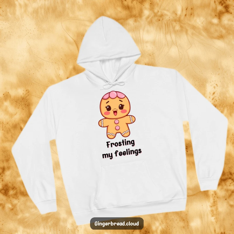 Funny hoodie with a gingerbread character sporting frosting buttons, showing a delightful expression of surprise.