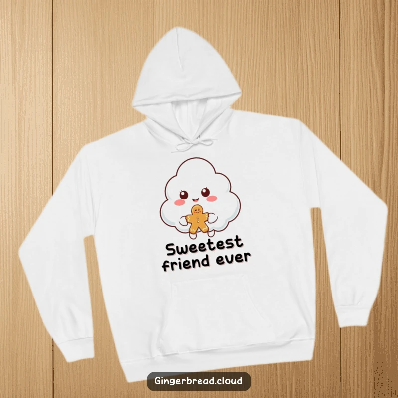 Funny cloud character hoodie showing a smiling cloud offering a piece of gingerbread, designed for warmth and generosity.