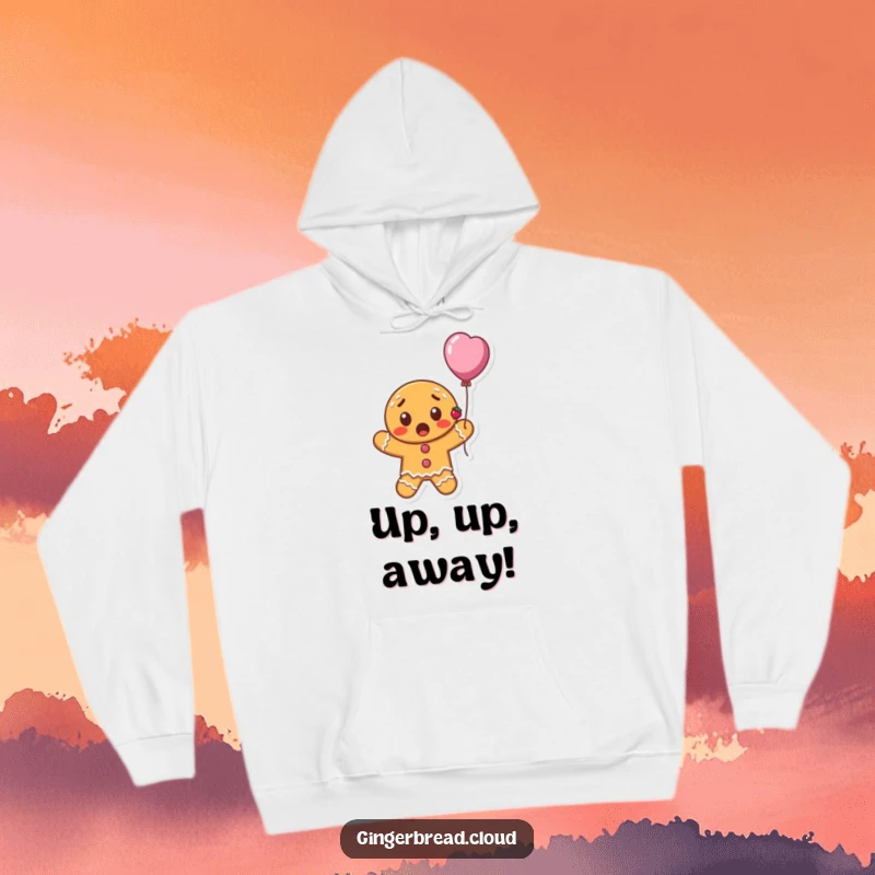 Funny surprised gingerbread cookie character with currants floating upwards on a balloon, cozy hoodie, whimsical and festive holiday design.