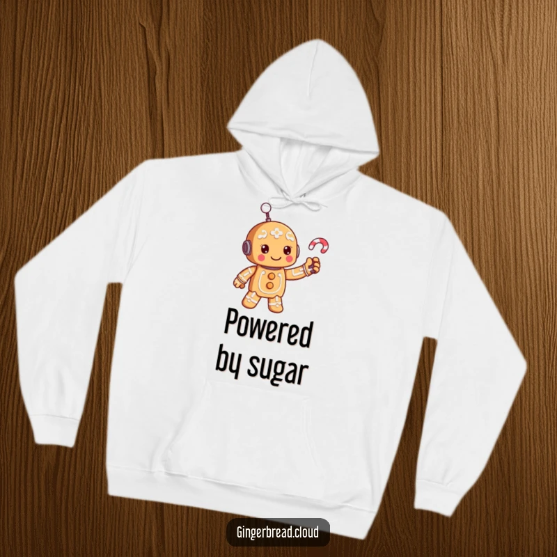 Funny cozy gingerbread robot hoodie, warm and humorous apparel with a festive robot design.