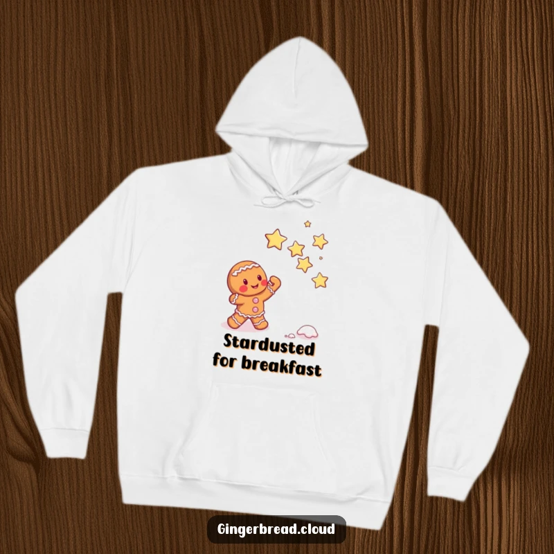 Funny gingerbread character attempting to catch falling sugar stars, cozy hoodie, whimsical and sweet dream-chasing design.