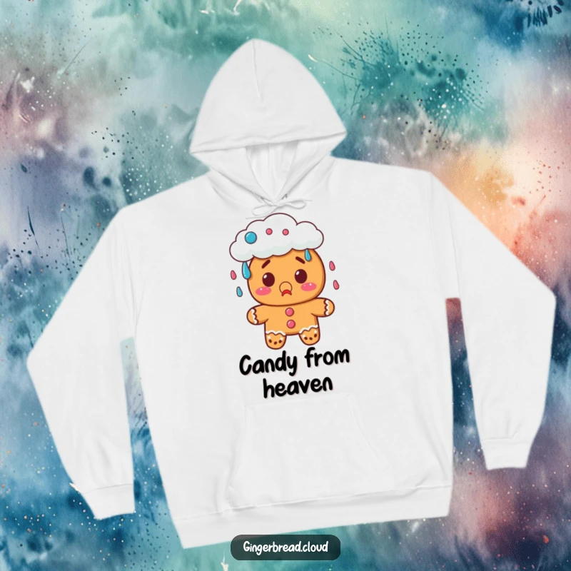 Funny gingerbread hoodie featuring a surprised character observing a fluffy cloud raining delicious candy.