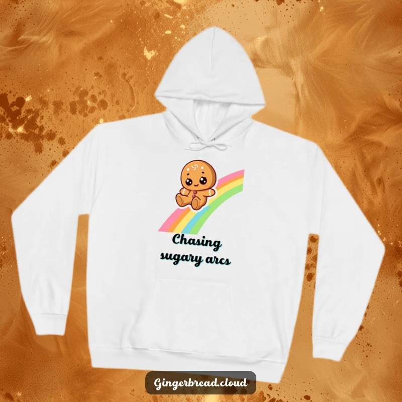Funny hoodie with a cheerful gingerbread character joyfully sliding down a colorful rainbow, embodying fun and comfort.