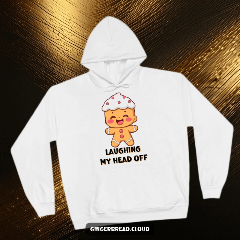 Funny hoodie: A gingerbread person with styled frosting hair laughs heartily, a cozy and cheerful design.