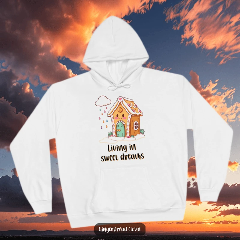 Funny Hoodie: Soft fleece featuring a happy gingerbread house with icing, watching a cloud rain candy.