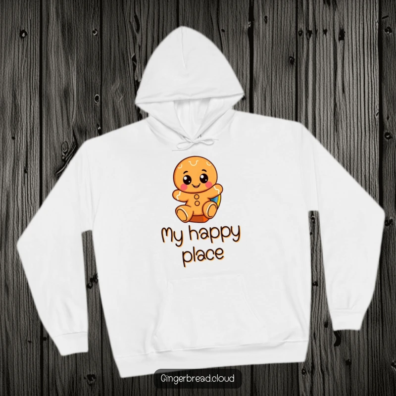 Funny hoodie showcasing a cheerful gingerbread character with large eyes, having a blast sliding down a rainbow.