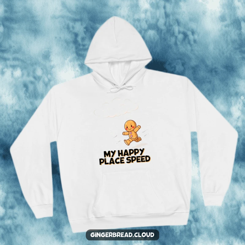 Funny hoodie design showing a gingerbread character joyfully sprinting through a dreamy, cloud-filled sky, perfect for gifting.