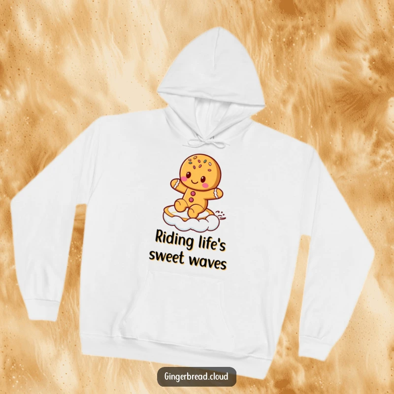 Funny Hoodie: Soft fleece featuring a cute gingerbread cookie with sprinkles, coolly surfing on a cloud.
