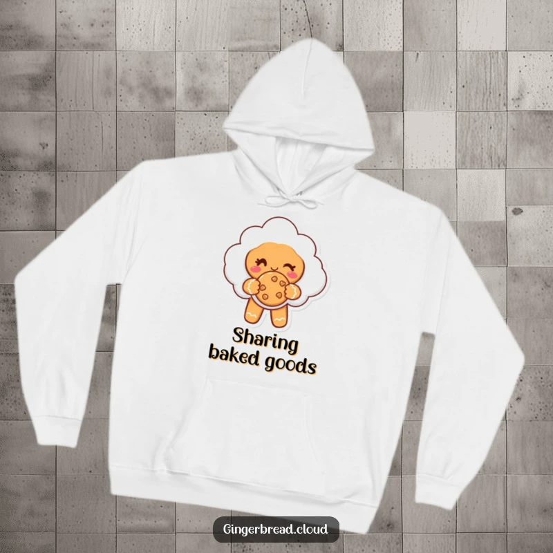 Funny hoodie showing a gingerbread cloud character winking and offering a cookie, perfect for cozy, kind moments.