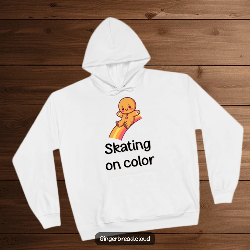 Funny gingerbread character sliding down a rainbow, featured on a warm and comfortable hoodie. Perfect for colorful days.