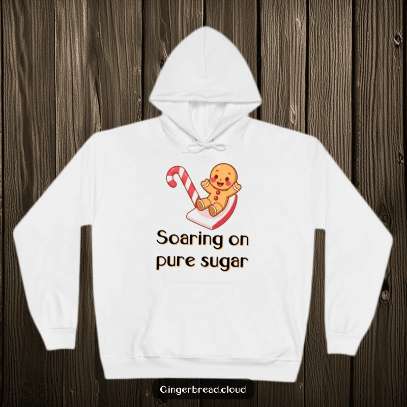 Funny hoodie with a gingerbread cookie taking a thrilling ride down a candy cane slide, capturing winter fun.