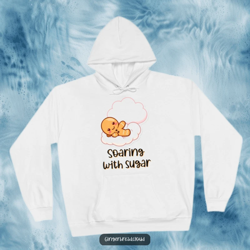 Funny gingerbread hoodie featuring a cute character delighting in a slide down a soft, fluffy cloud.