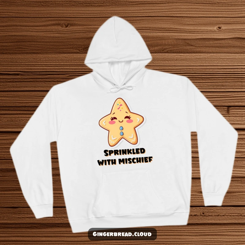 Funny hoodie featuring a mischievous anthropomorphic gingerbread star winking, covered in sprinkles.