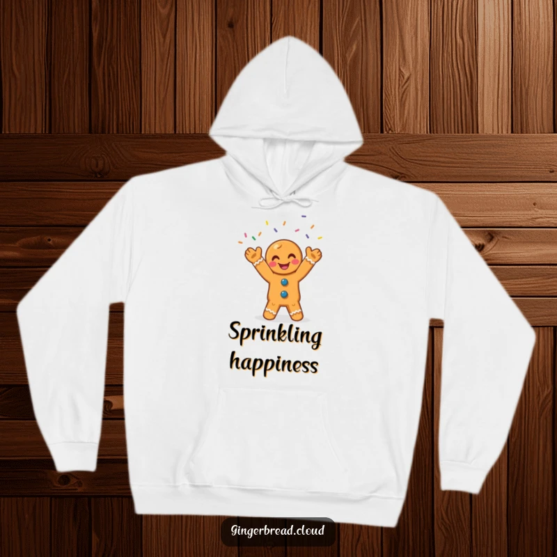 Funny gingerbread hoodie featuring a smiling character joyfully juggling colorful sprinkles, perfect for cozy and fun wear.