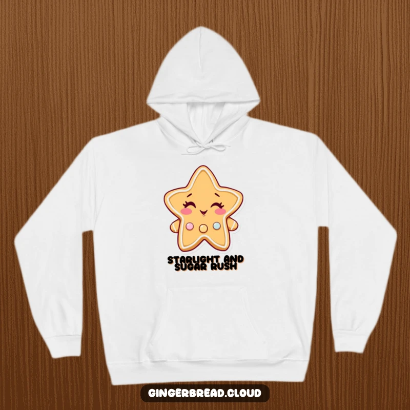 Funny gingerbread star hoodie, a cozy design featuring a winking character with twinkling candy buttons, warm and stylish.