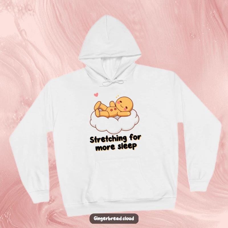 Funny gingerbread character joyfully stretching on a soft cloud bed, printed on a cozy hoodie.