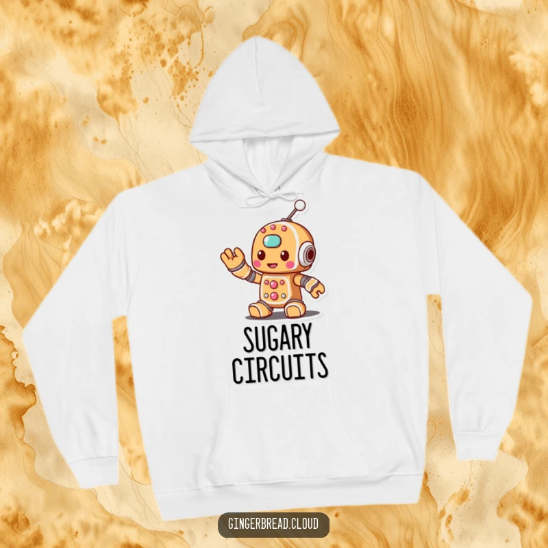 Funny hoodie showing a gingerbread robot character waving a sugary antenna, perfect for cozying up with tech vibes.