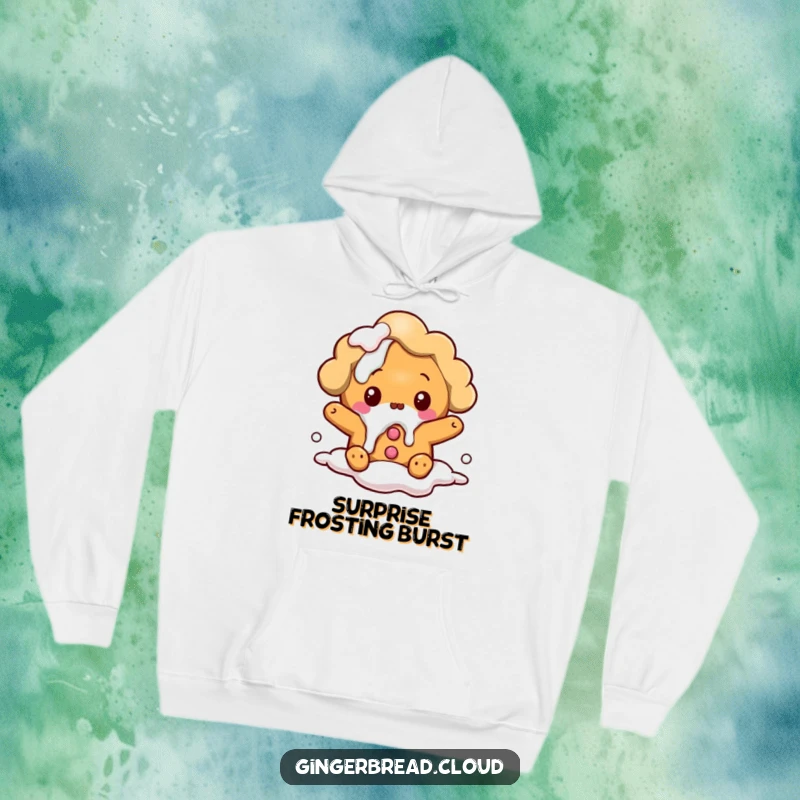 Funny hoodie: A gingerbread cloud character looks shocked as icing spills, a humorous and cozy design.
