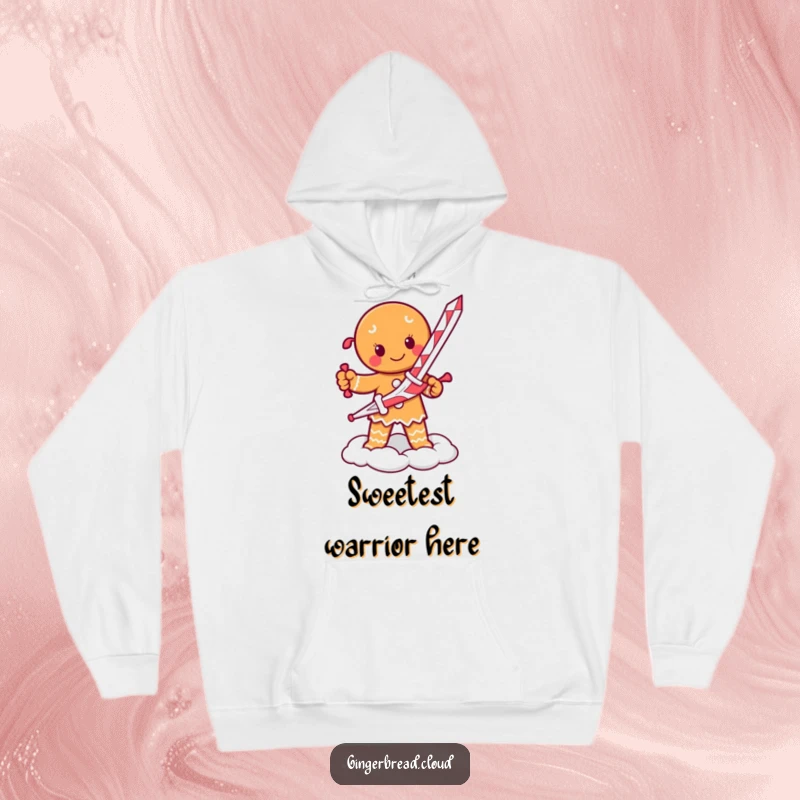 Funny hoodie of a determined gingerbread person with a candy cane sword, poised on a fluffy cloud.