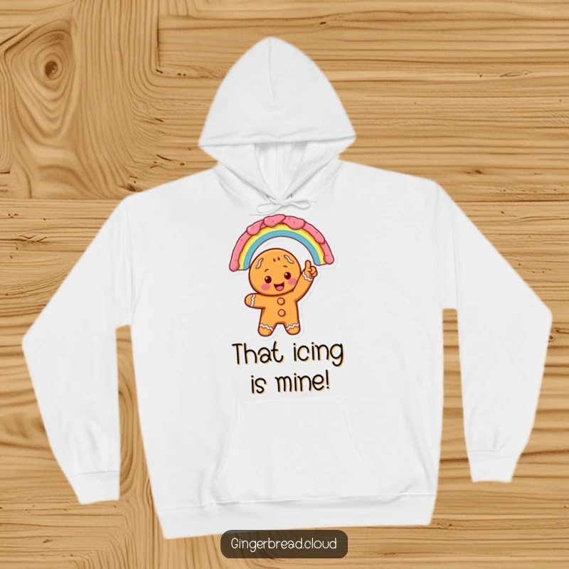 Excited gingerbread character pointing at an icing rainbow, featured on a cozy hoodie for warm and magical apparel.