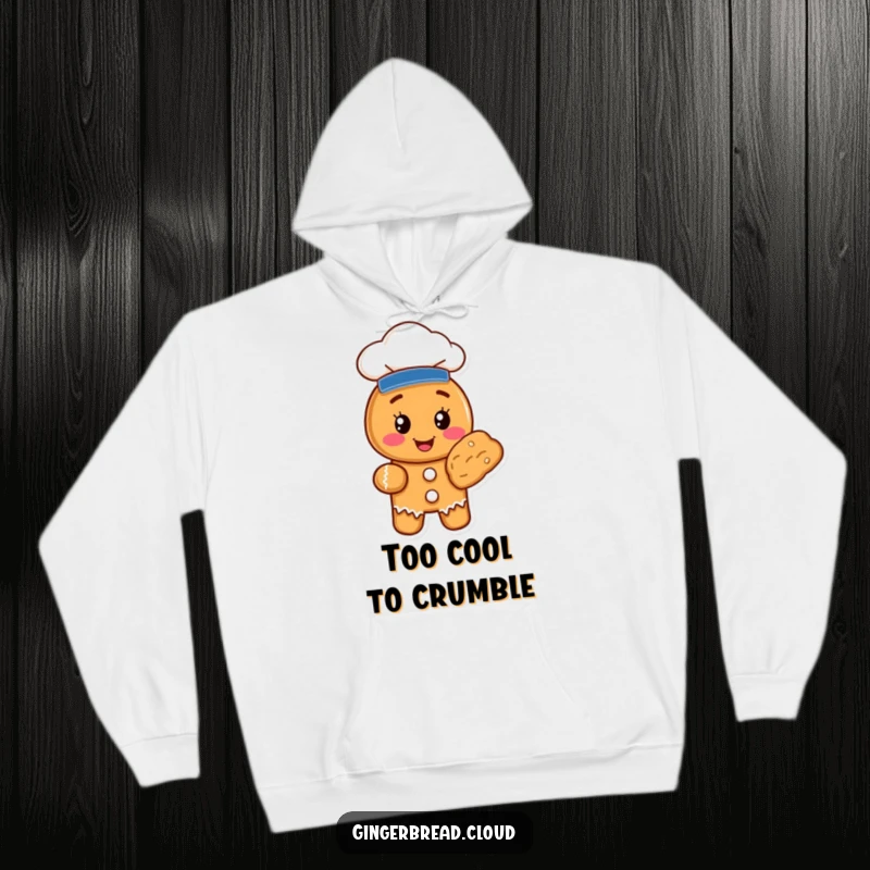 Funny gingerbread cookie character, dressed as a chef, holding a pastry, featured on a warm hoodie, a delightful gift.
