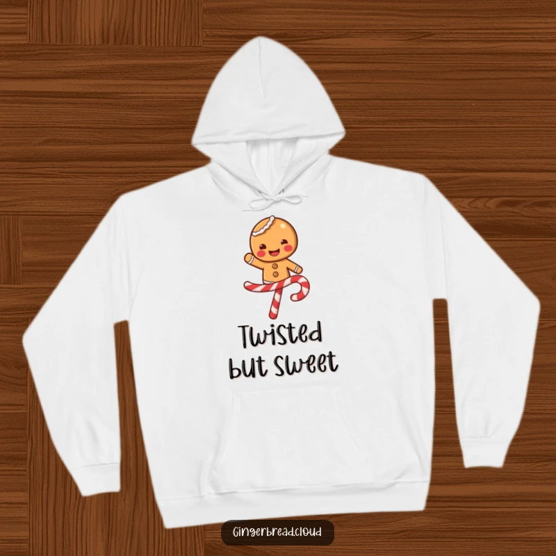 Funny gingerbread character with a wide smile balancing on a swirling candy cane, cozy hoodie, festive and warm comfort.