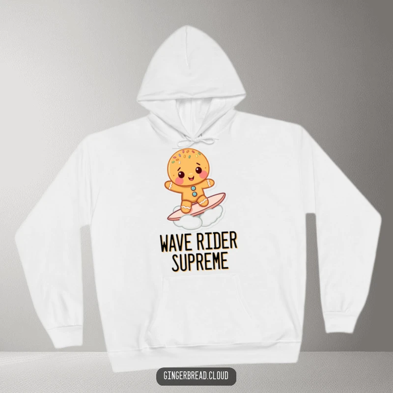 Funny Gingerbread Cookie Hoodie: A cute gingerbread character with sprinkles surfs a cloud, offering a cozy and fun design.