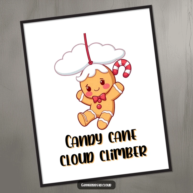 Funny Free Printable Wall Art of a gingerbread candy cane character gleefully swinging from a cloud strand, embodying pure joy.