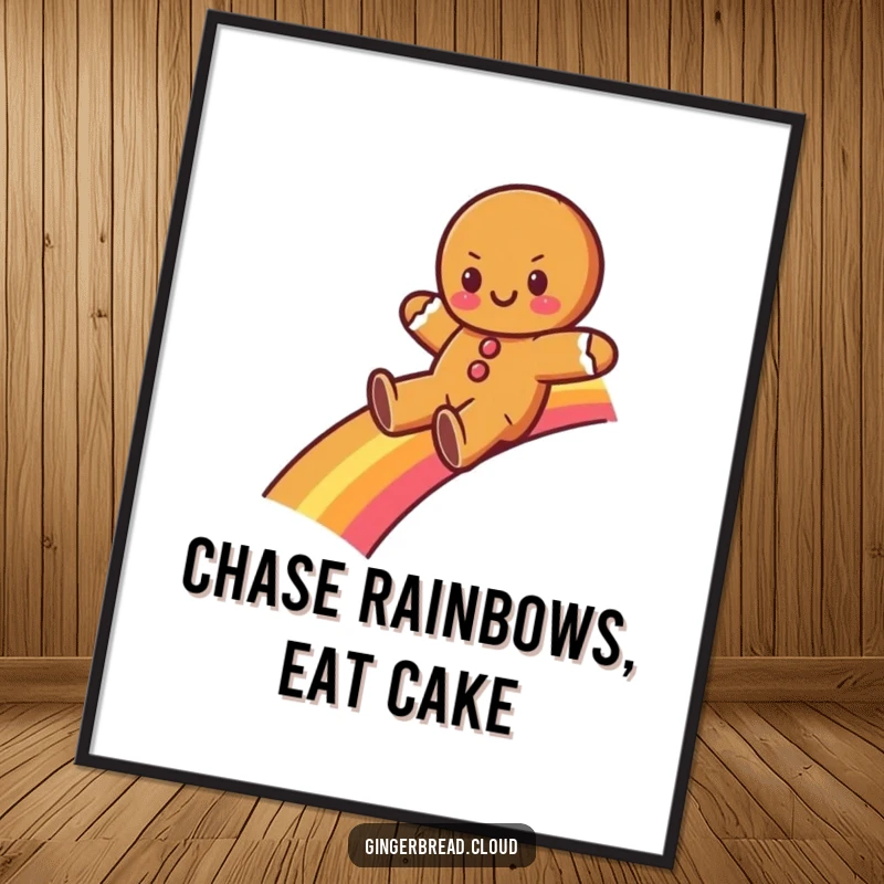 Funny Free Printable Wall Art: Gingerbread character happily sliding down a vibrant rainbow, radiating pure joy and colorful wonder.