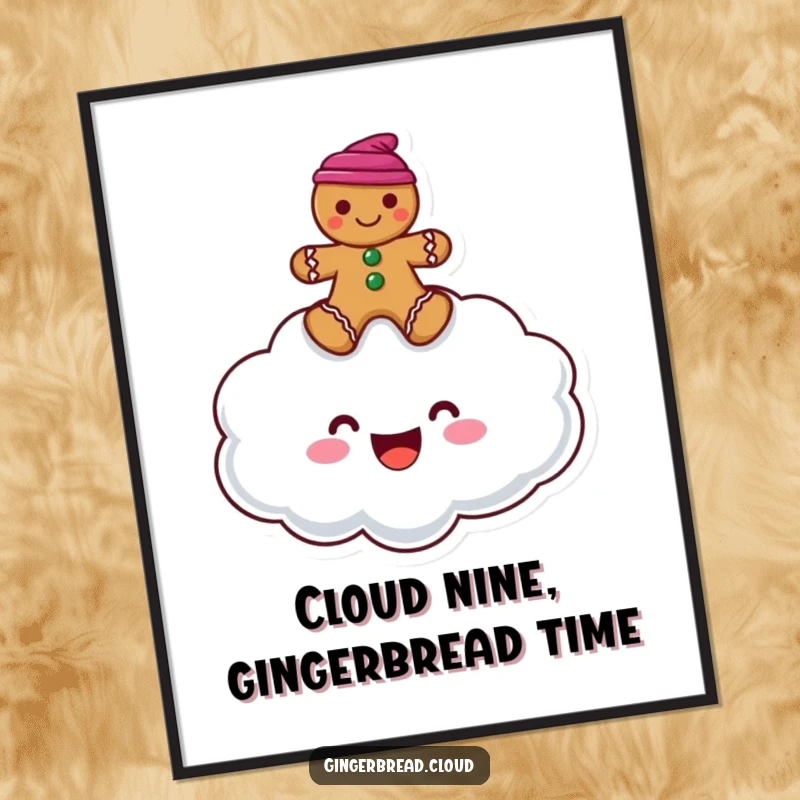 Funny free printable wall art of a smiling cloud character carrying a happy gingerbread man, radiating pure joy and good vibes.