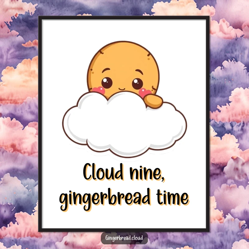 Funny Free Printable Wall Art: Gingerbread character peeking curiously from behind a soft cloud, quirky and delightful downloadable art.