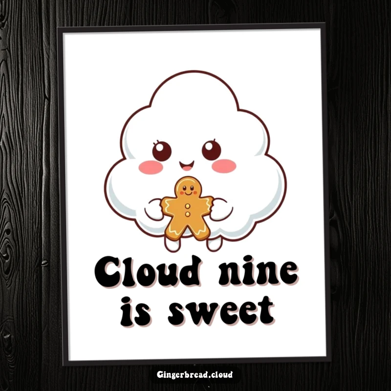 Funny Free Printable Wall Art depicting a smiling cloud character kindly offering a piece of gingerbread, radiating warmth and sweetness.