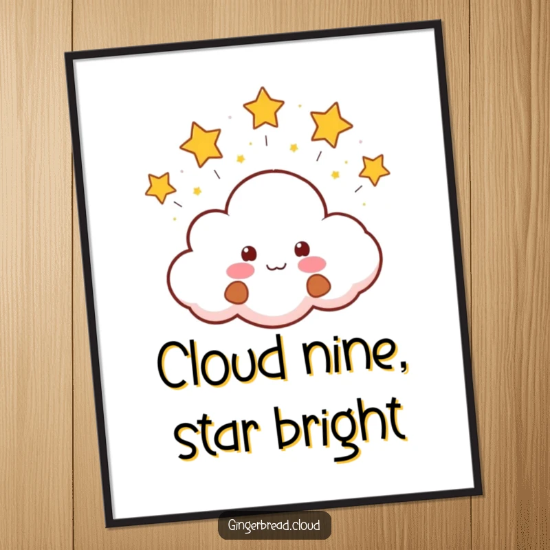 Funny Free Printable Wall Art: a smiling gingerbread cloud blowing tiny, happy stars, creating a dreamy and cheerful atmosphere.