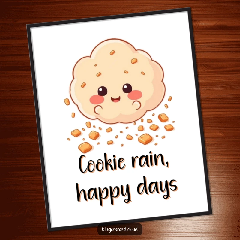 Funny free printable wall art of a cloud scattering happy gingerbread cookie crumbs that look like joyful rain.