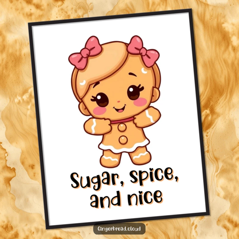 Funny Free Printable Wall Art of a happy gingerbread girl character extending a warm, sugary embrace, radiating sweetness and joy.